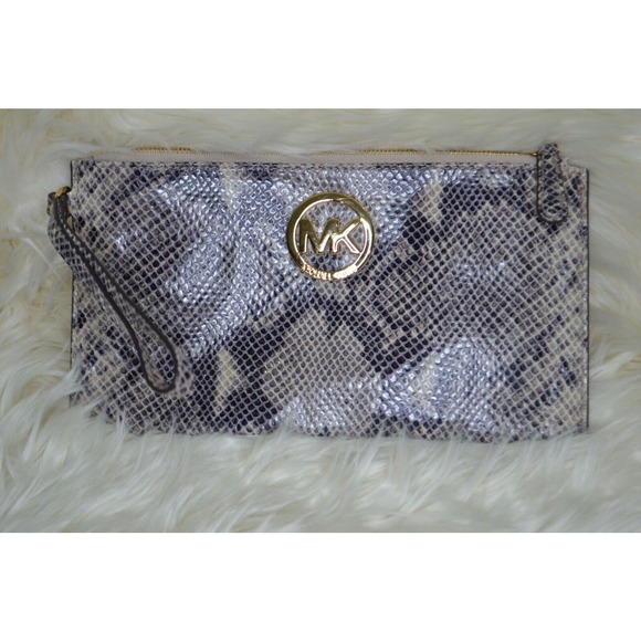 Michael Kors Jet Set Travel‎ Large Snakeskin Print Leather Zip Clutch Wristlet - Picture 1 of 5